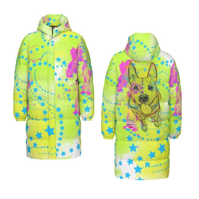 Warme Wintermantel mit Hundemotiv Amy3– Popart Hundemotiv, 90% Daunen, 10% Federn, bunt, stylisch, AmStaff, Staff, Staffordshire, Pitbull, Pit, Soka, Größe XS- 4XL